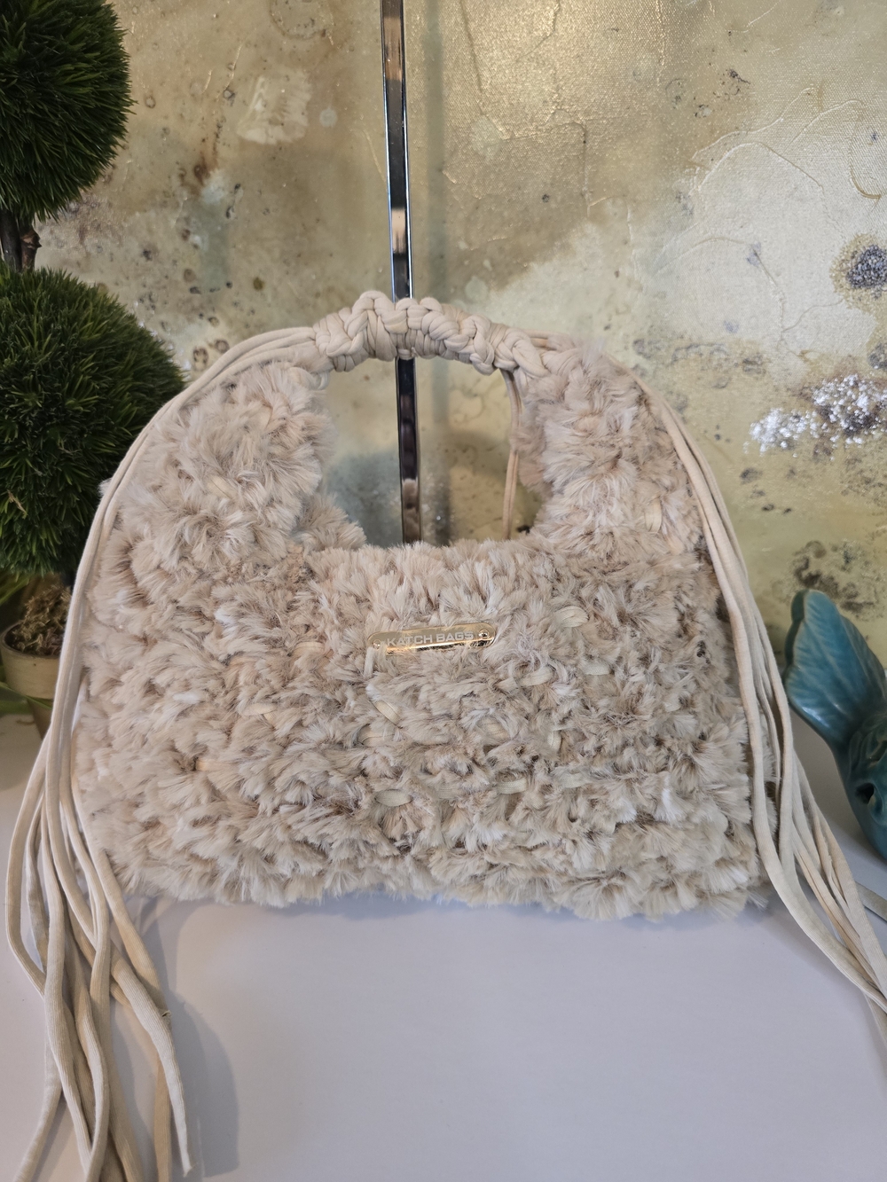 Plush Faux Fur "VERSATILE" Shoulder/Hand/Cross Body Bag in Light Taupe - Picture 4 of 6